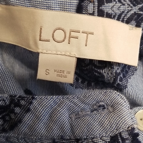 LOFT Women's Boho Blue Medallion Blouson Sleeve Cotton Button Up Tunic Top Small - Picture 11 of 13